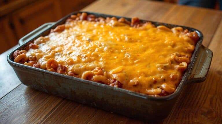A ground beef and pasta casserole with marinara topped with melted cheese.