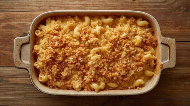 Baked mac and cheese with golden breadcrumb topping in a casserole dish on a wooden kitchen table.