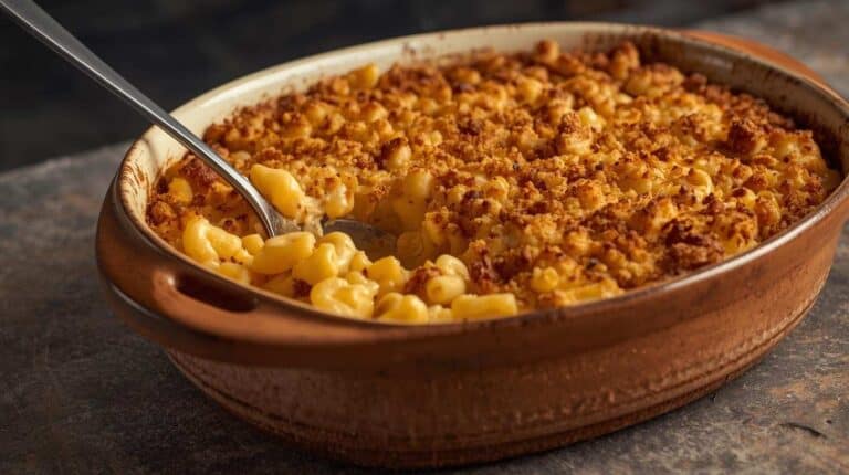 Baked mac and cheese with golden breadcrumb topping in a casserole dish on a kitchen counter.