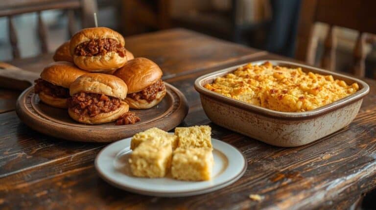 Sloppy joes, baked mac and cheese, and cornbread on a table.