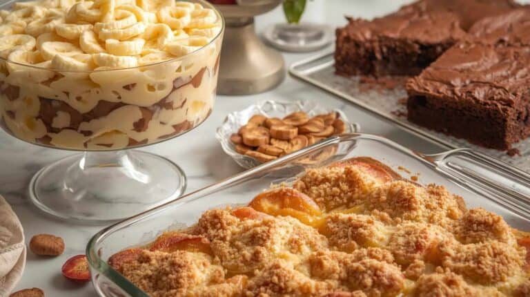 Banana pudding, peach cobbler, and brownies.