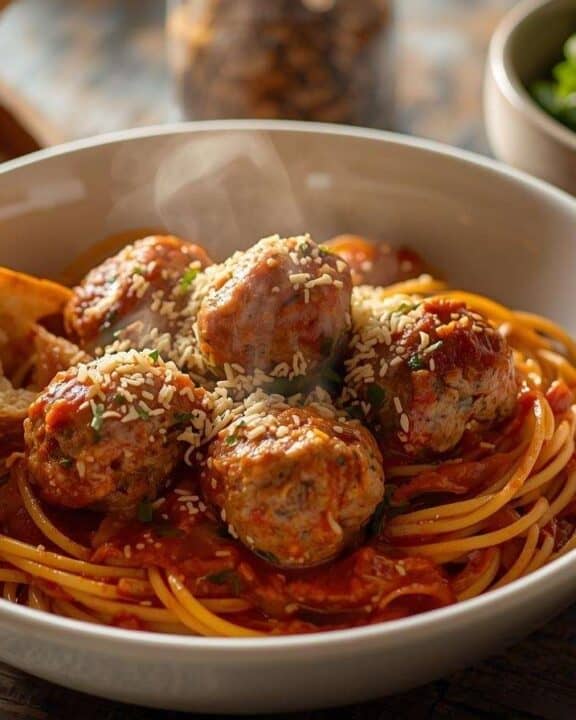 Spaghetti and meatballs in a large serving bowl with garlic bread and a green salad on a family dinner table.