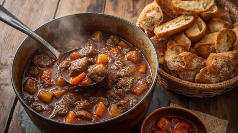 A large pot of beef and vegetable stew with crusty bread slices on a wooden table.