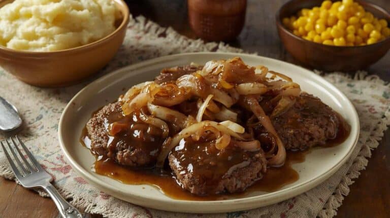 Salisbury steak with onion gravy, mashed potatoes, and buttered corn.