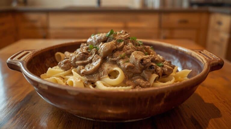 Beef stroganoff over egg noodles in a large serving bowl with mushrooms in creamy sauce on a dinner table.