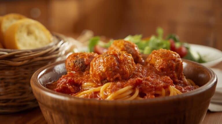 Spaghetti with meatballs in a large bowl, garlic bread in a basket, and a simple green salad beside it.