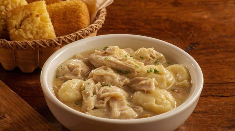 A bowl of chicken and dumplings served with cornbread and biscuits.