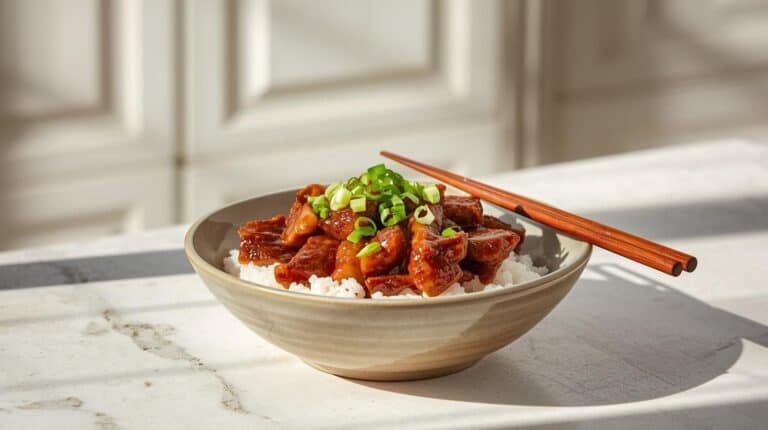 A bowl of copycat PF Chang's Mongolian beef over rice on a kitchen counter.