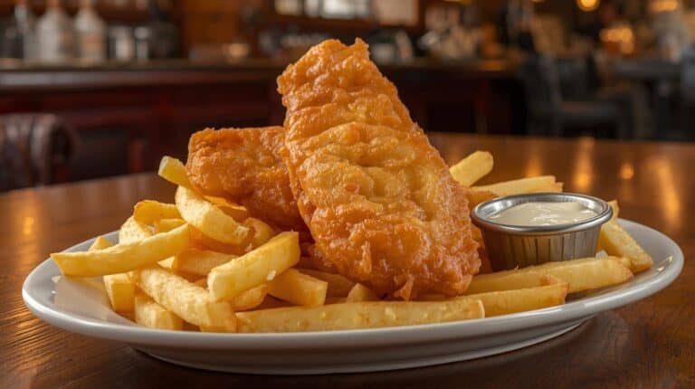 A plate of pub-style fish and chips with golden battered fish fillets, fries, and tartar sauce in a small dish.