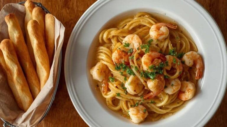 Olive Garden shrimp scampi with pasta and breadsticks.