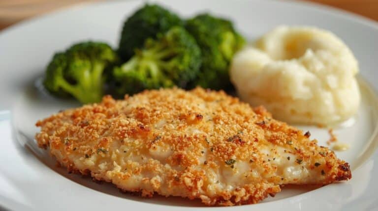 Longhorn parmesan crusted chicken with broccoli and mashed potatoes on a dinner plate.