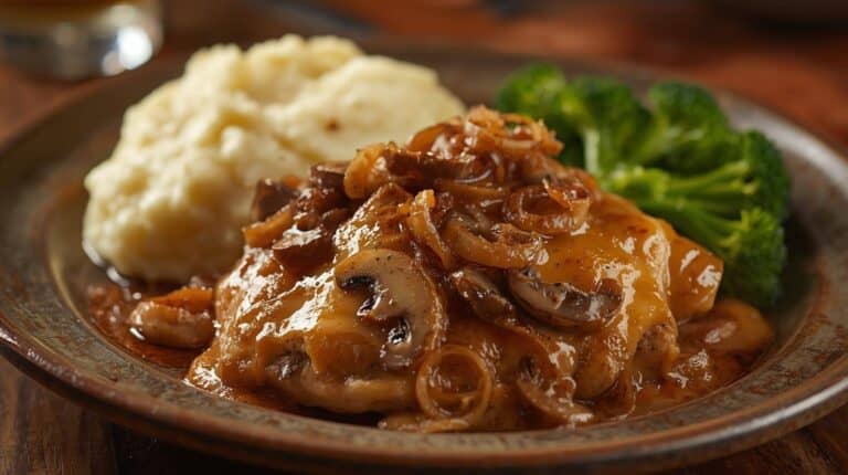 Texas Roadhouse-style smothered chicken topped with sautéed mushrooms, onions, and melted cheese on a plate with mashed potatoes and broccoli.