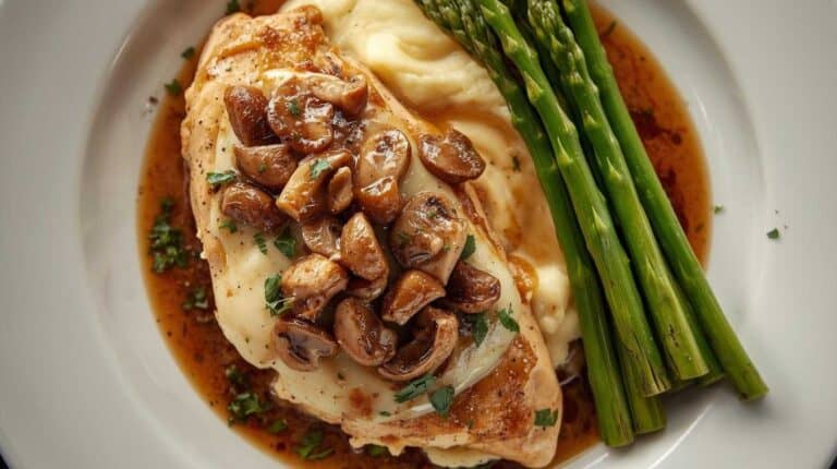 Cheesecake Factory chicken madeira served with mashed potatoes and asparagus.
