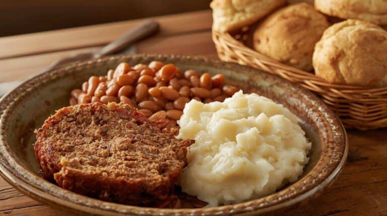 Copycat Cracker Barrel meatloaf, mashed potatoes, pinto beans, and biscuits.