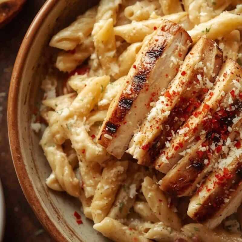 Copycat Chili's Cajun chicken pasta and garlic bread.
