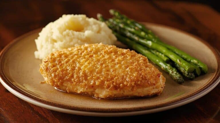 Parmesan crusted chicken, mashed potatoes, and grilled asparagus on a plate.