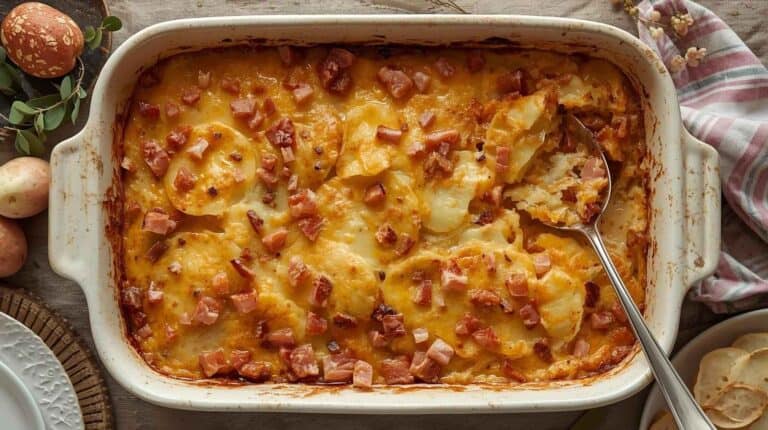 A ham and potato casserole with diced ham, creamy potatoes, and melted cheese baked in a large ceramic baking dish