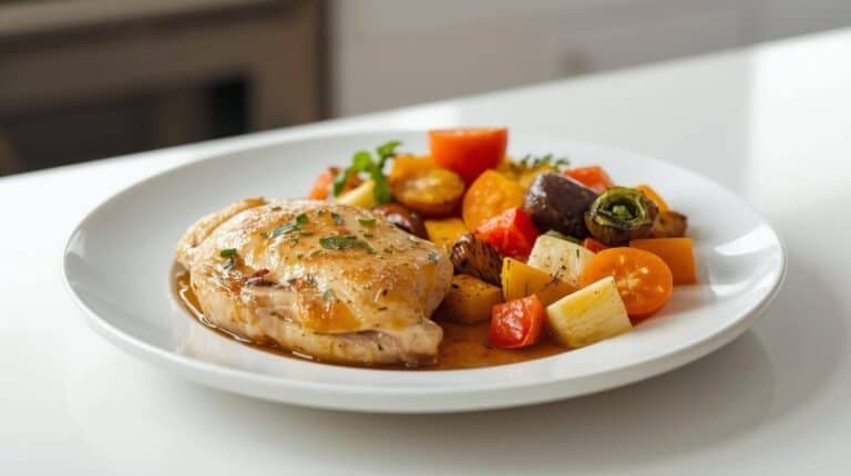 Lemon garlic chicken with vegetables on a plate on a bright kitchen counter.