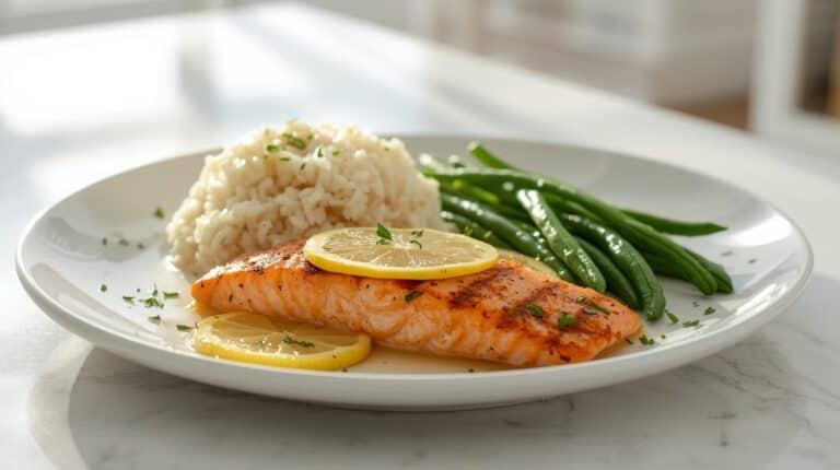 Grilled salmon, sauteed green beans, and rice on a plate.