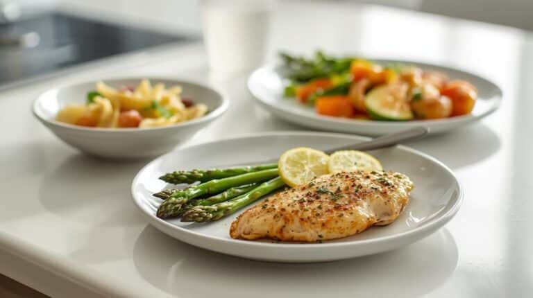 Pan-seared lemon herb chicken with roasted asparagus. Pasta salad and roasted veggies.