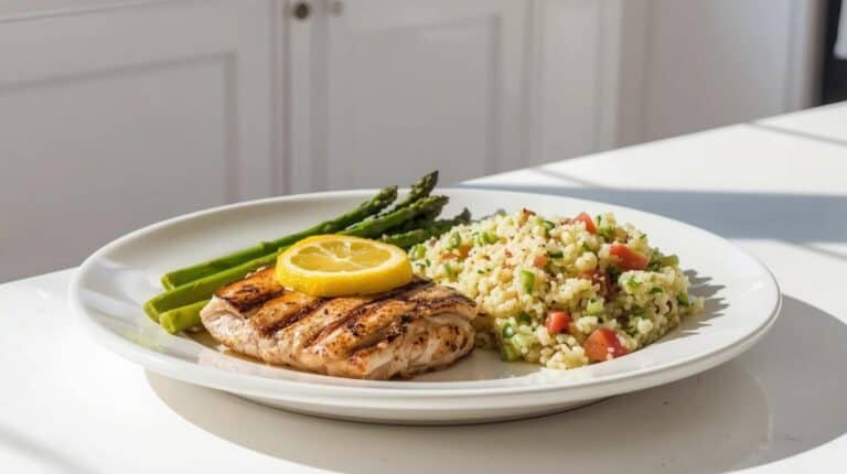Grilled chicken, quinoa salad, and asparagus on a plate.