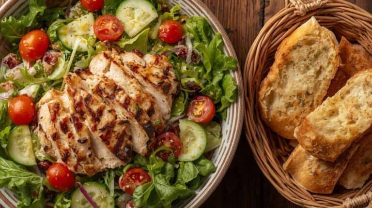 Grilled chicken salad with mixed greens, tomatoes, cucumbers, and vinaigrette. Garlic bread slices.