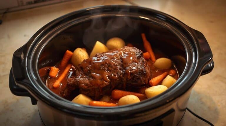 Beef roast, gravy, carrots, and potatoes in a slow cooker.