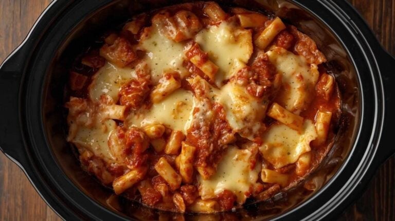 A slow cooker filled with a pasta casserole with melted cheese and meat sauce.