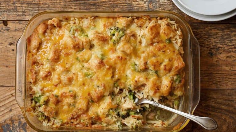A chicken and rice casserole with broccoli and melted cheese in a glass baking dish.