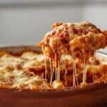 Baked ziti casserole with bubbling mozzarella cheese in a ceramic baking dish.