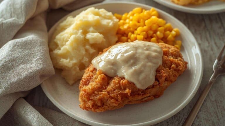 Chicken-fried chicken with creamy gravy on a plate with mashed potatoes and buttered corn.