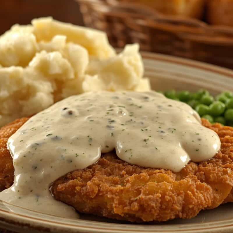Chicken fried chicken with white gravy, mashed potatoes, and peas on a plate.