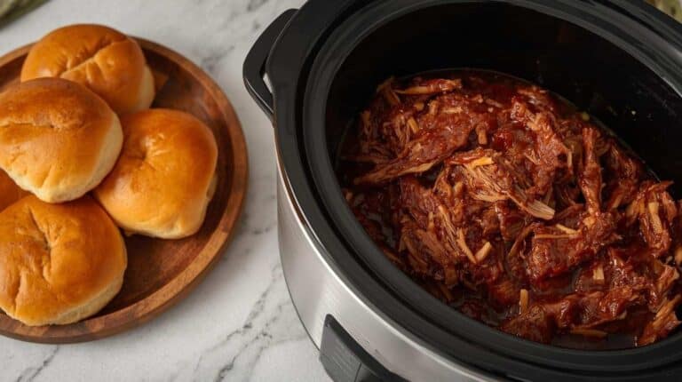 A slow cooker filled with pulled pork in barbecue sauce with buns on a nearby plate.