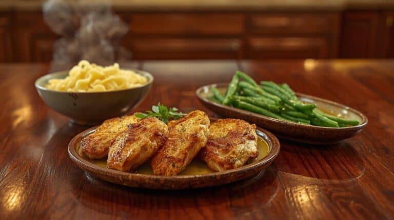 Pan-seared chicken thighs, green beans, and buttered egg noodles on a kitchen table.
