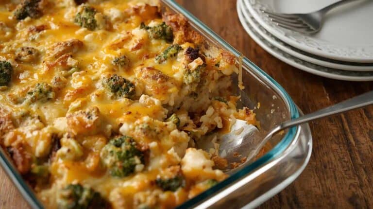 A cheesy chicken and rice casserole with broccoli, baked in a glass baking dish with lightly browned cheese topping.