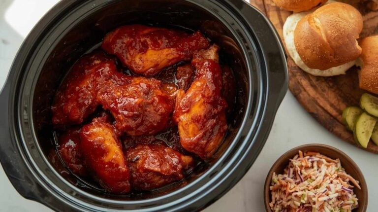 A slow cooker filled BBQ chicken in sauce with buns and pickles on a platter, and creamy coleslaw in a bowl.