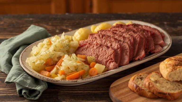Slices of corned beef on a platter with boiled potatoes, cabbage wedges, and carrots on a rustic wooden table.