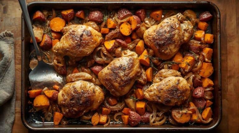 Roasted chicken breasts, carrots, new potatoes, and onions on a sheet pan.