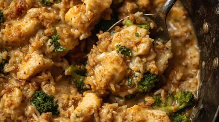 Creamy chicken, rice, and broccoli in a large pot.