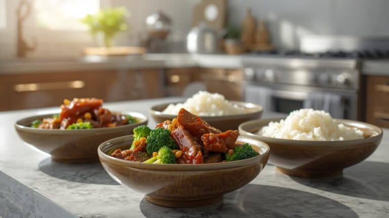 Bowls and beef and broccoli stir-fry and rice on a kitchen counter.