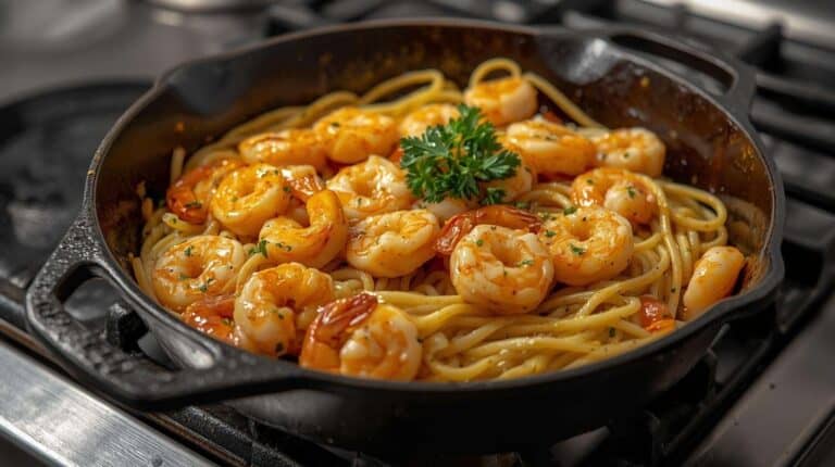 A skillet of garlic butter shrimp tossed with pasta and parsley on a kitchen stovetop.