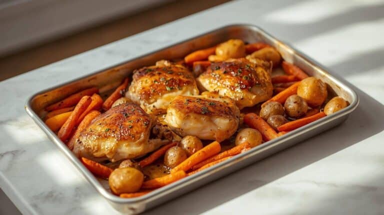 Roasted chicken thighs, carrots, and potatoes on a sheet pan.