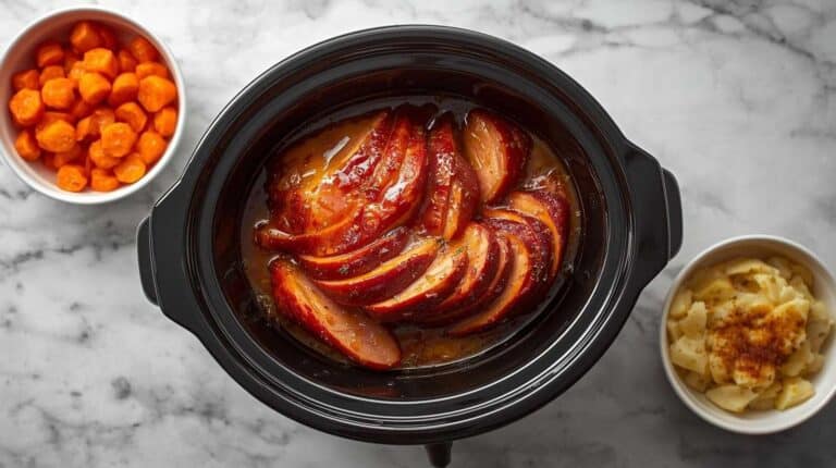 A slow cooker filled with honey-glazed ham slices in juices, carrots and potatoes nearby.