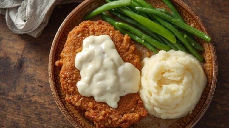 Chicken-fried steak, mashed potatoes, and green beans on a plate.
