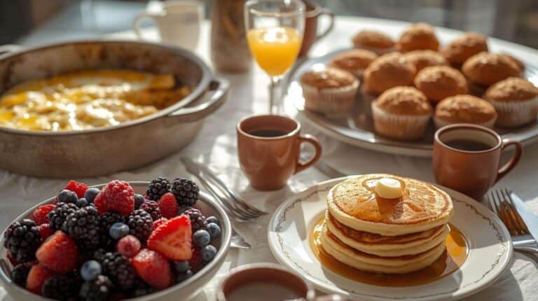 Breakfast casserole, muffins, pancakes, berries, coffee, and orange juice on a table.