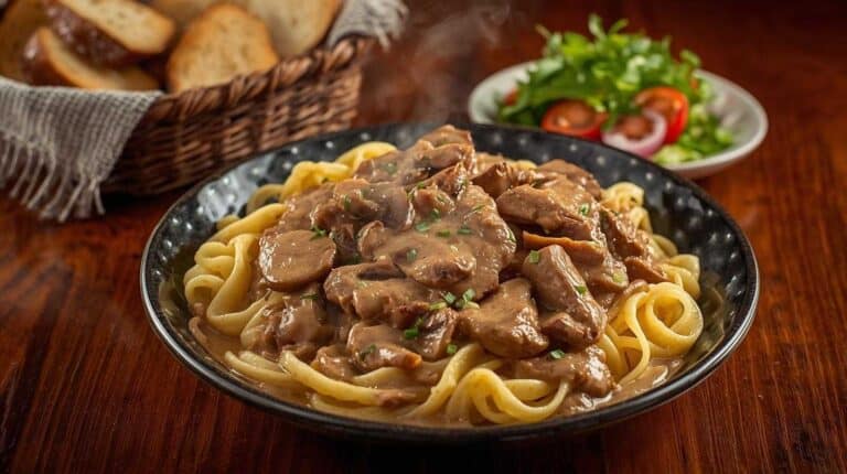 Classic beef stroganoff served over egg noodles, simple green salad, and rustic bread slices.