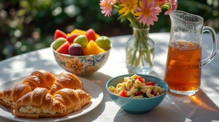 Chicken salad croissant sandwiches, fresh fruit, pasta salad, and iced tea.