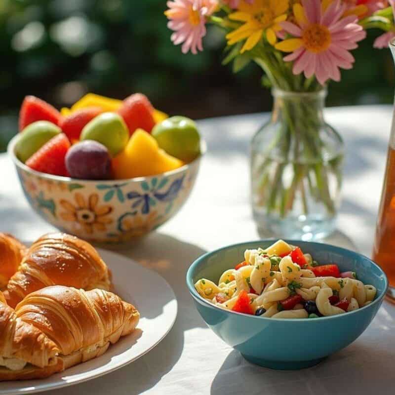 Chicken salad croissant sandwiches, fresh fruit, pasta salad, and iced tea.