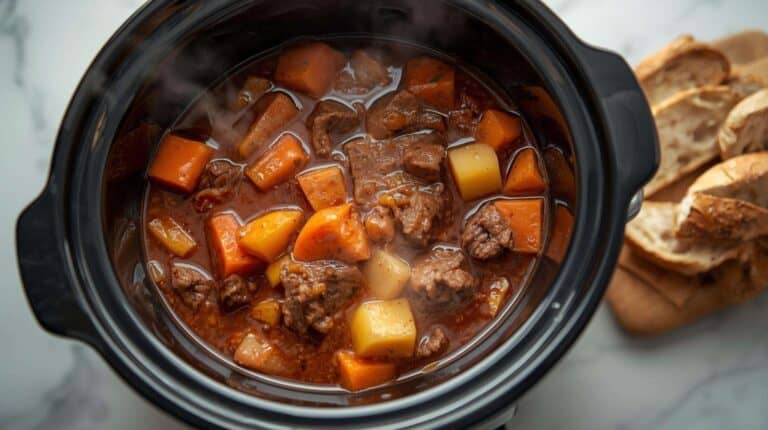 An electric slow cooker filled with beef stew and bread slices next to it.