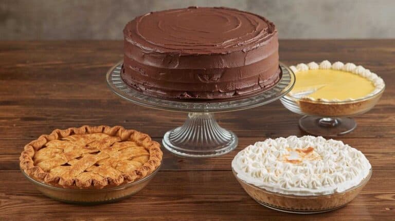 Apple pie, chocolate layer cake, lemon pie, and banana meringue pie.